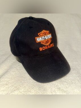 Vintage Harley Davidson Bonaire Hat Cap Black Orange Embroidered Logo Strapback